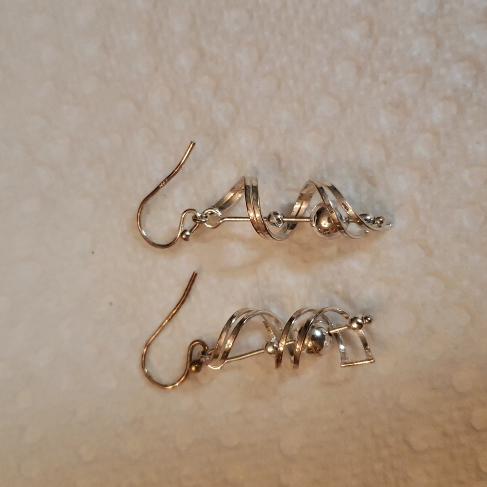 Silver Spiral Earrings With Dangling Silver Ball EUC